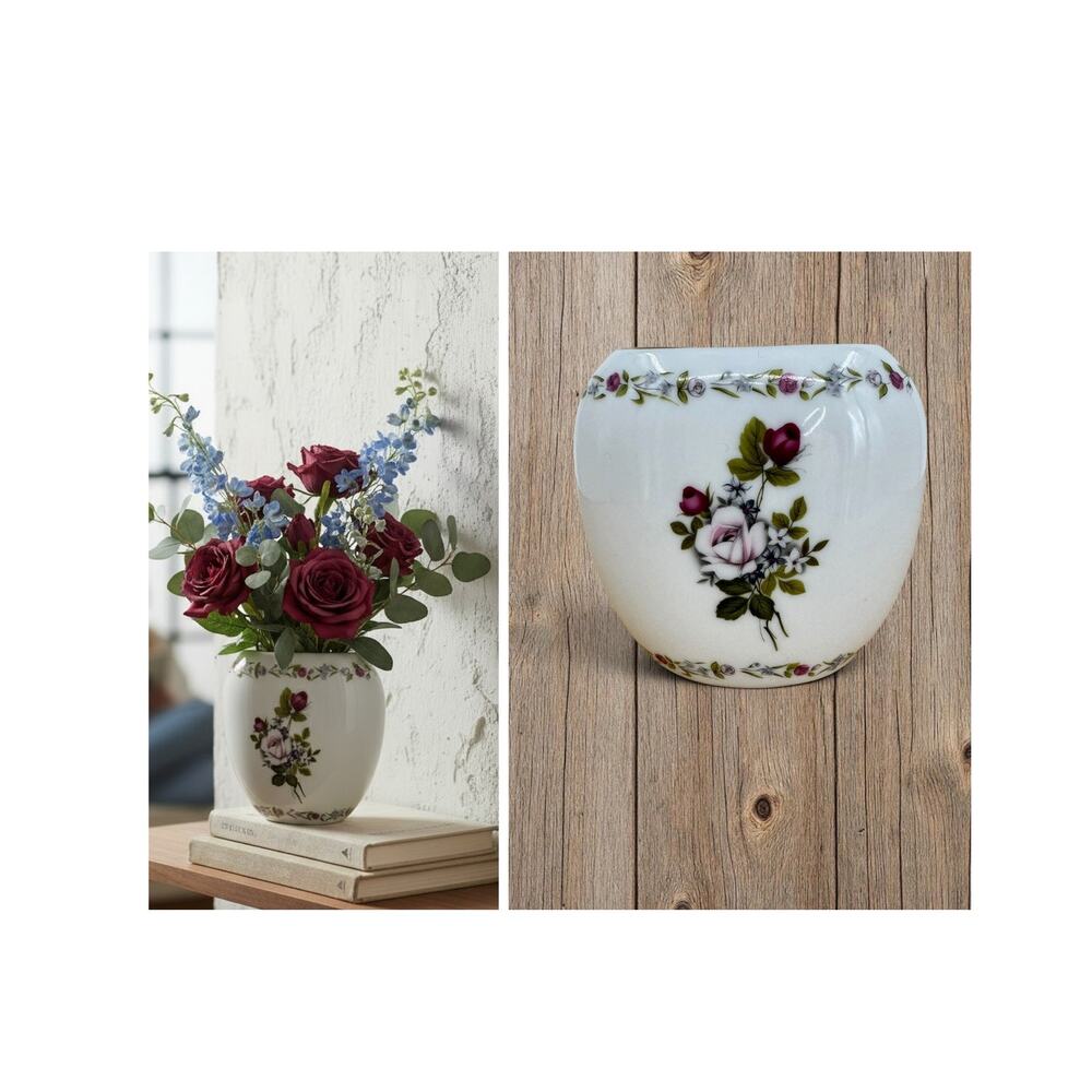 VTG Otagiri Rose Bouquet floral porcelain petite vase pink red white cottagecore